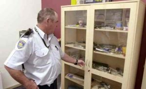 Functional Manager, Dave from Wellington Prison shows the contraband cupboard. This contains weapons and other items confiscated from inmates